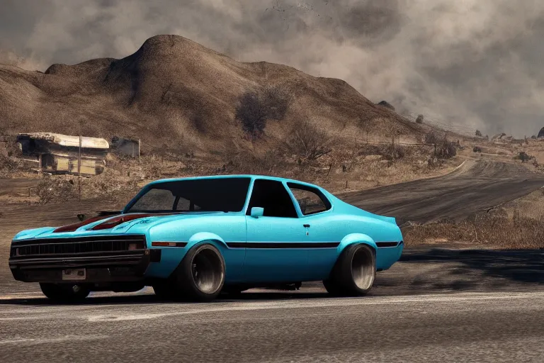 Prompt: 3 5 mm low angle photo 1 9 7 3 ford falcon gt mad max hot rod on a deserted post apocalyptic road, gta 5, hyper detailed, smooth, high contrast, volumetric lighting, octane, jim lee, giorgetto giugiaro, craig mullins, chris bangle, george miller, ian callum, vibrant rich deep color, comic book