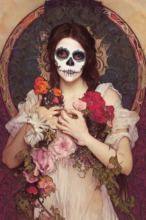 Image similar to realistic detailed painting of a cute Día de los Muertos girl by Alphonse Mucha Ayami Kojima Amano Charlie Bowater, masterpiece