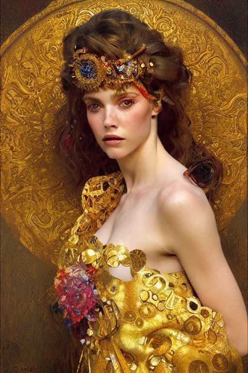 Image similar to an intricate painting of a beautiful young lady with an artistic sensual pose with klimt golden motives and textures, hyper detailed, ornamental gold headpiece, octane render, vivid colors, artstation, by jeremy mann, by alphonse mucha, by boris vallejo