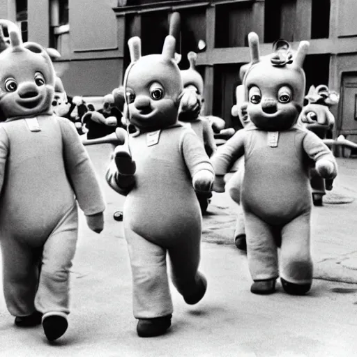 Prompt: teletubbies in a parade in nazi germany