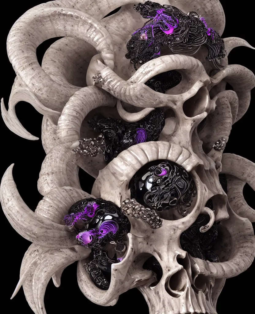 Image similar to goddess princess face close-up portrait ram skull. sculpture made of black and dichroic. jellyfish phoenix head, nautilus, orchid, skull, betta fish, bioluminiscent creatures, intricate artwork by Tooth Wu and wlop and beeple. octane render, trending on artstation, greg rutkowski very coherent symmetrical artwork. cinematic, hyper realism, high detail, octane render, 8k