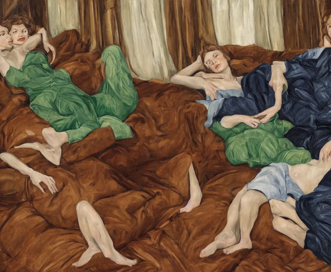 Image similar to portrait of bella and esther lying horizontal, in an old english apartment on a brown leather sofa. one is wearing a dark blue sweather, the other a white shirt. brown hair, they are looking into the camera. wide shot. in the style of lucien freud. oil painting. green mood. isometric perspective