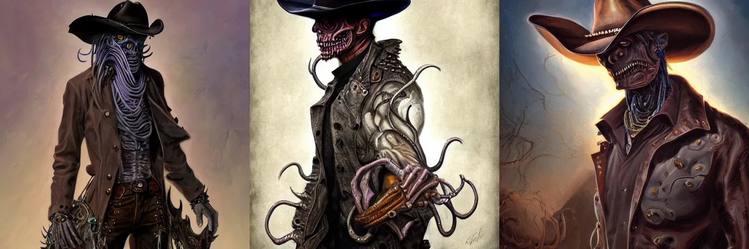 Prompt: digital painting of a corrupted eldritch cowboy, hyperdetailed, beautiful, eldritch horror, abomination, by Gerald Brom, full body shot, cowboy leather hat, trending on Artstation