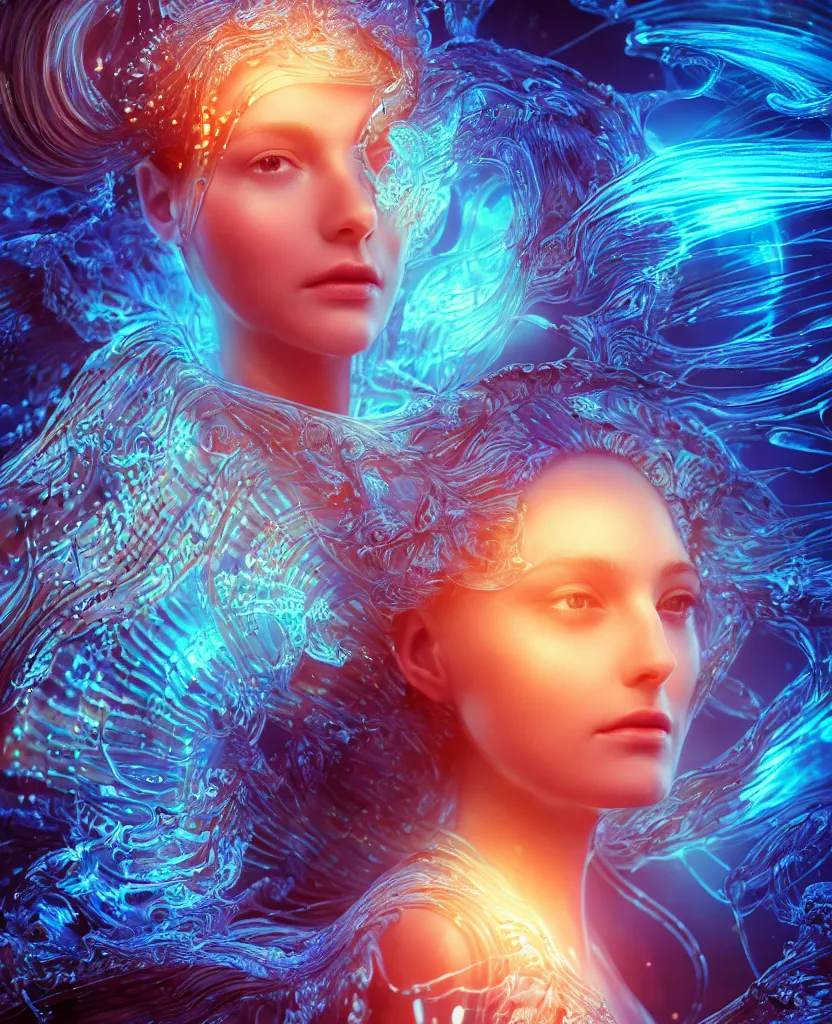 Image similar to close-up macro portrait of the face of a beautiful princess, epic angle and pose, symmetrical artwork, 3d with depth of field, blurred background, cybernetic jellyfish female face skull phoenix bird, translucent, nautilus, energy flows of water and fire. a highly detailed epic cinematic concept art CG render. made in Maya, Blender and Photoshop, octane render, excellent composition, cinematic dystopian brutalist atmosphere, dynamic dramatic cinematic lighting, aesthetic, very inspirational, arthouse. y Greg Rutkowski, Ilya Kuvshinov, WLOP, Stanley Artgerm Lau, Ruan Jia and Fenghua Zhong