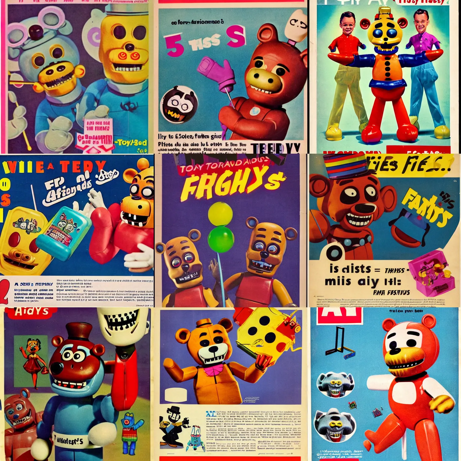 Prompt: a 1950s advertisement for a Five Nights at Freddy\'s toy, colorful, fun, smiles, manipulative