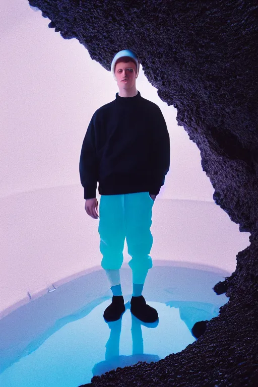 Image similar to high quality pastel coloured film mid angle portrait photograph of a beautiful young 2 0 year old male, soft features, short hair, perspex space visor and oversized inflated clothing!!!! icelandic black! rock pool environment. atmospheric three point light. photographic. art directed. ( pastel colours ). volumetric. clearcoat. waves. 8 k. filmic.