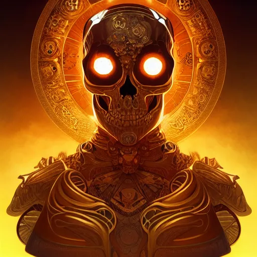 Prompt: symmetry!! portrait of golden! skull warrior, glowing eyes!! intricate, elegant, highly detailed, digital painting, artstation, concept art, smooth, sharp focus, illustration, art by artgerm and greg rutkowski and alphonse mucha