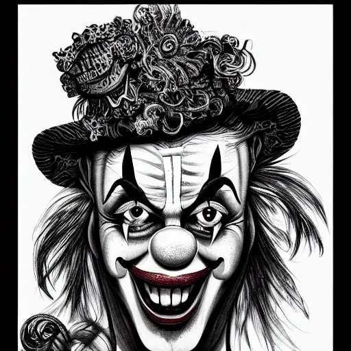 Prompt: black ink on paper, clown, trending on artstation, beautiful, intricate, detailed