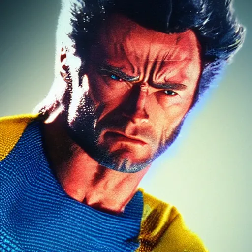 Image similar to 8 0 s, vhs, vintage movie, clint eastwood as wolverine in blue and yellow costume, octane render, beautiful composition, trending on artstation, award - winning photograph, masterpiece