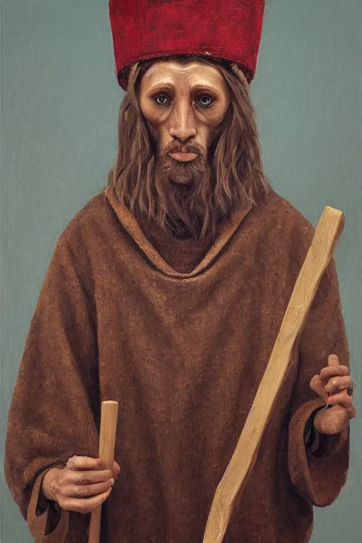 Prompt: Slavic dog head man, woolen torso in medieval clothes, holding an ax, Orthodox Saint Christopher, oil painting, hyperrealism, beautiful, high resolution, trending on artstation,