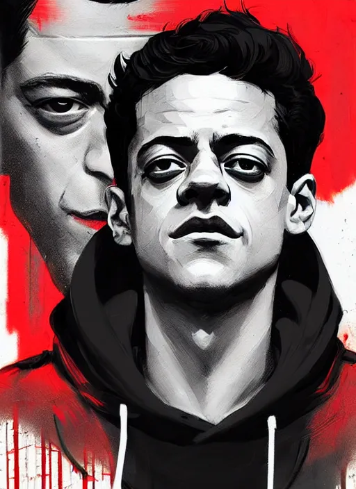 Image similar to highly detailed closeup portrait of downbeat rami malek, elliot alderson, black hoody by atey ghailan, by greg rutkowski, by greg tocchini, by james gilleard, by joe fenton, by kaethe butcher, gradient red, black and white color scheme, grunge aesthetic!!! ( ( graffiti tag wall background ) )