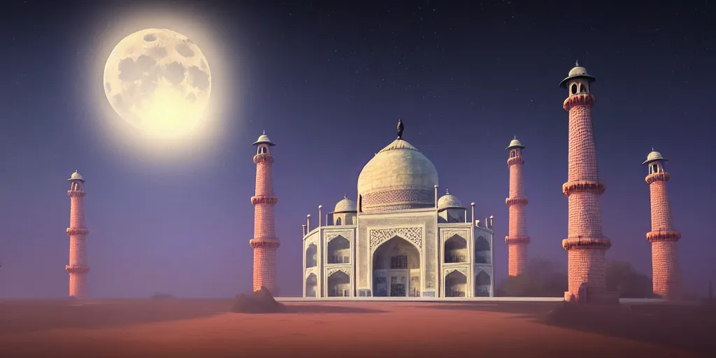 Image similar to The Taj Mahal with the moonlight, extremely detailed digital painting, in the style of Fenghua Zhong and Ruan Jia and jeremy lipking and Peter Mohrbacher, mystical colors, rim light, beautiful Lighting, 8k, stunning scene, raytracing, octane, trending on artstation