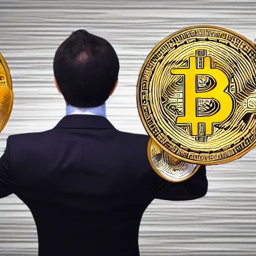 Image similar to businessman holding a happy bitcoin