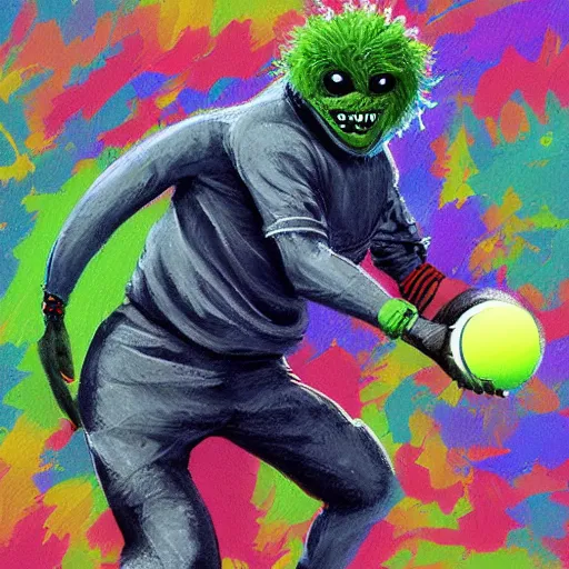 Image similar to a tennis ball monster ,tennis ball, colorful, digital art, fantasy, magic, trending on artstation, ultra detailed, profile picture, professional illustration by Basil Gogos