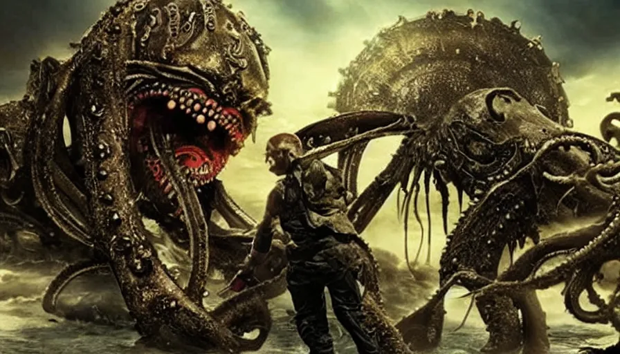 Image similar to Big budget movie about a cyborg demon fighting the kraken