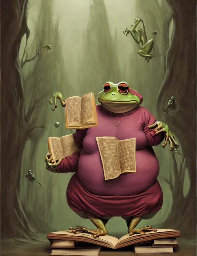 Prompt: anthropomorphic bipedal frog that is dressed as a medieval librarian, and holding a giant book, as a matte oil painting, d & d character reveal, by alex grey, obese, standing, fullbody, floating bubbles, loose papers, fog, mystic, concept art, award - winning, intricate, sharp focus