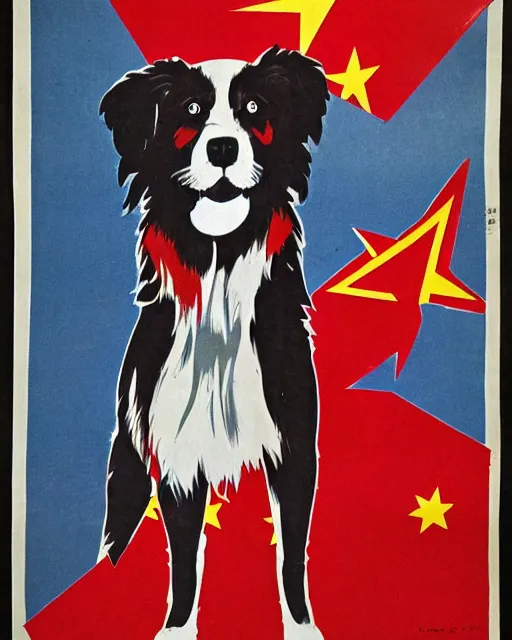 Image similar to communist propaganda poster of an australian shepherd soldier, communist china art