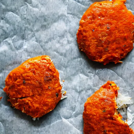 Prompt: freezerburnt buffalo chicken patties that my spouse just pulled out of the freezer