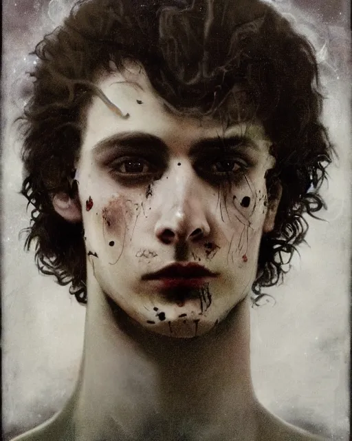 Prompt: a beautiful but sinister young man in layers of fear, with haunted eyes and wild hair, 1 9 7 0 s, seventies, woodland, a little blood, moonlight showing injuries, delicate embellishments, painterly, offset printing technique, mary jane ansell