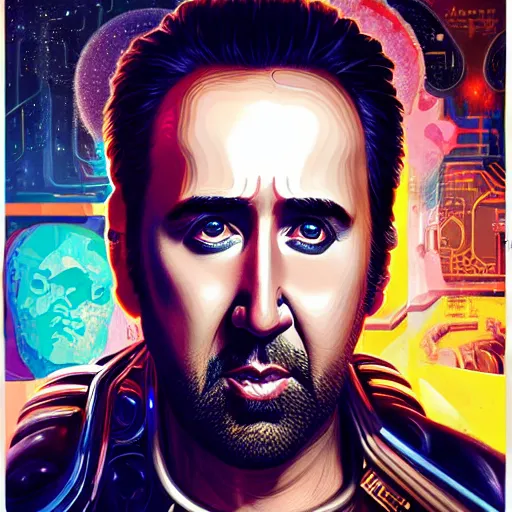 Prompt: Biopunk portrait of Nicolas Cage, by Tristan Eaton Stanley Artgerm and Tom Bagshaw.