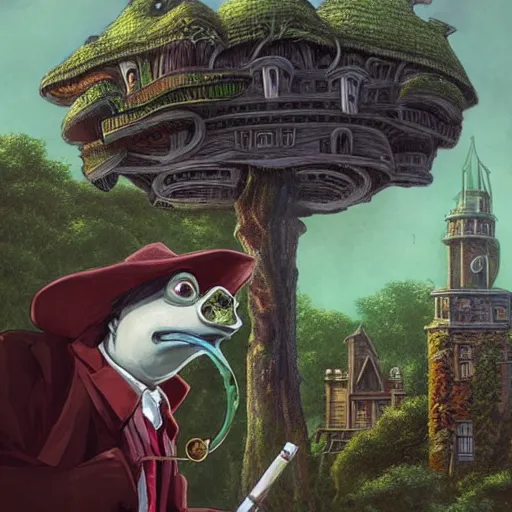 Prompt: A portrait of a scary godlike anthropomorphic frog smoking a cigarette , mansion made of mushrooms in background . award winning. superb resolution. in the art style of junji Ito and greg rutkowski . Detailed Mushroom city in background. Hyper realistic anime. Perfect art. Dalle2