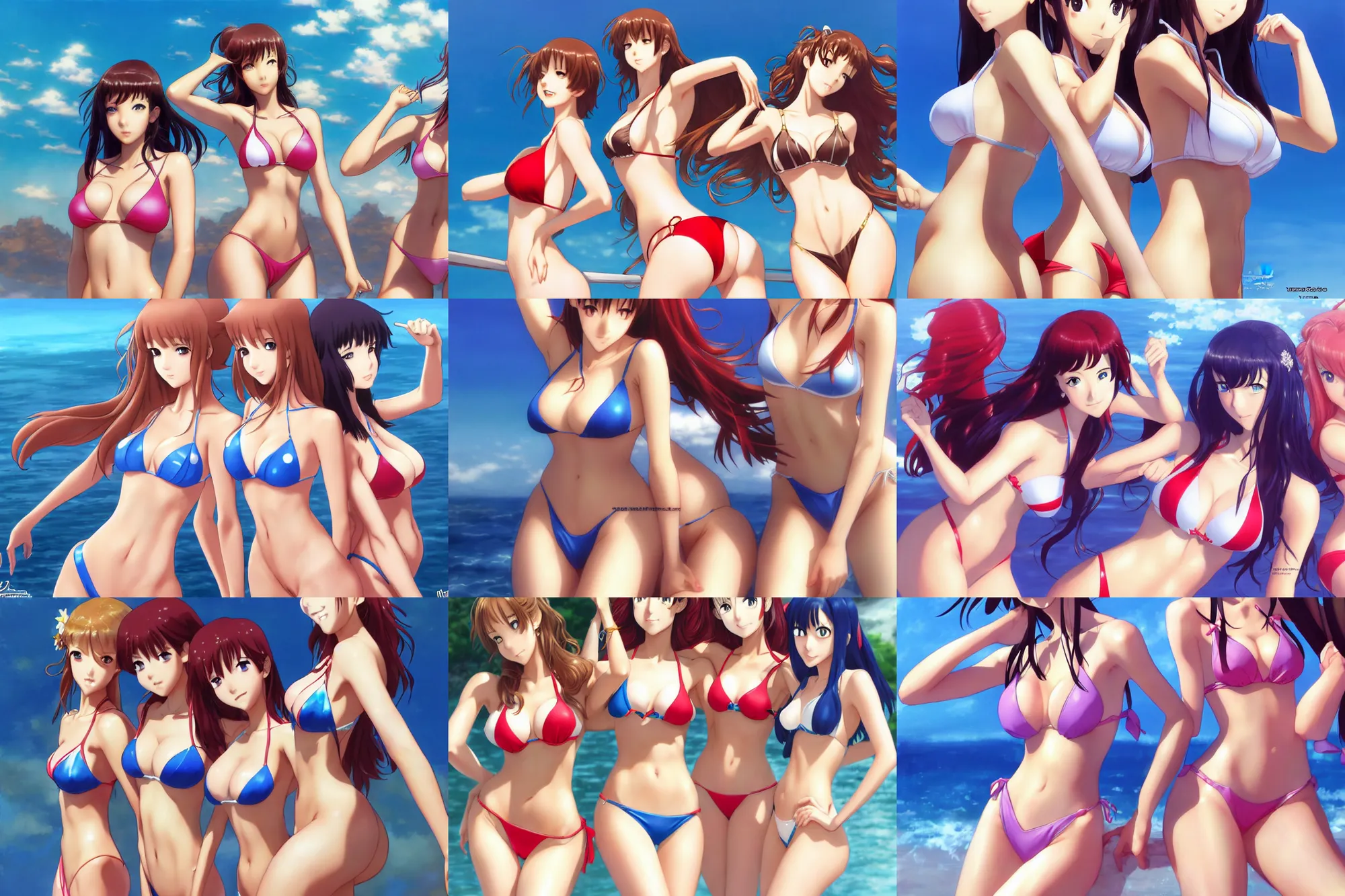 Image similar to close - up princesses posing together in bikini. by takashi takeuchi, yoshiyuki sadamoto, amagaitaro, makoto shinkai, krenz cushart, asao urata, pixiv
