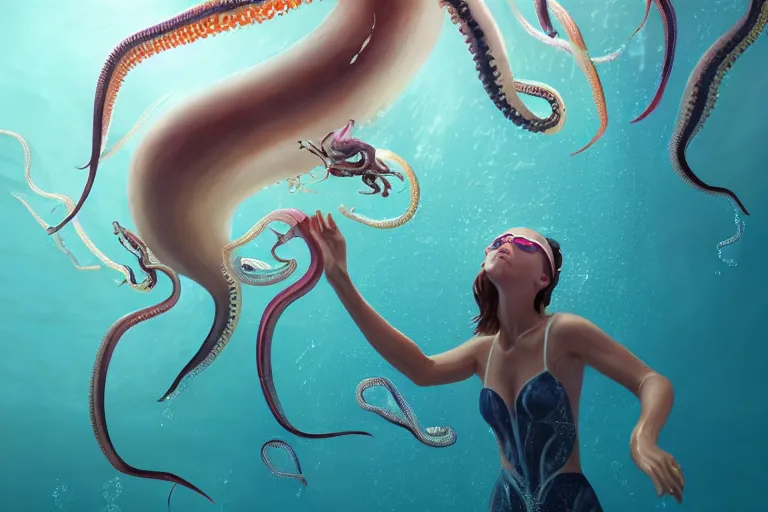 Image similar to long shot photo woman swimming with squids, highly detailed, photorealistic, reflections, smooth, sharp focus, concept art, illustration, beautiful, geometric, trending on artstation, cinematic, featured on behance , artwork by WLOP and Tran, Ross