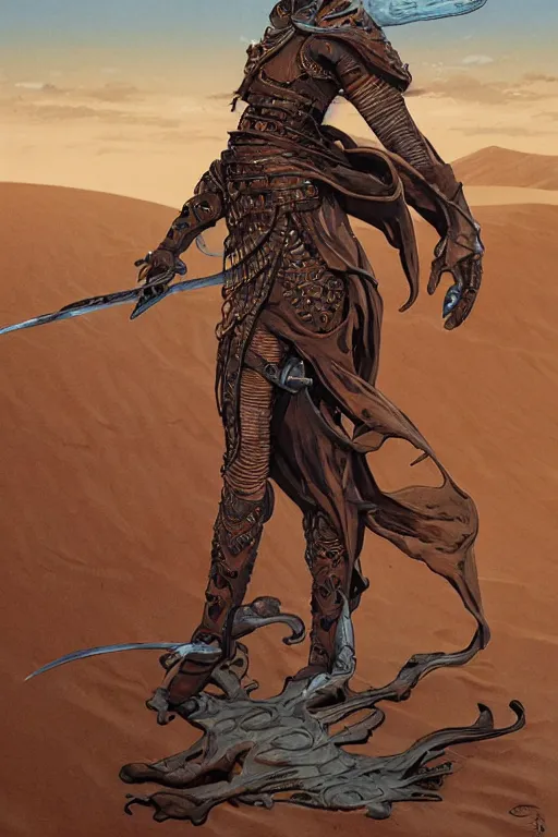 Image similar to dune themed epic bloodbound fremen warrior, desert breathing armor, graffiti, street art sketch by sachin teng, moebius, artgerm, michael cheval, esao andrews, francois boucher, masterpiece, intricate organic painting, matte painting, hard edges, highly detailed, cinematic lighting character art movie poster by drew struzan