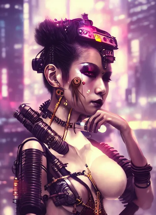 Image similar to soft lustrous ebony geisha seductive raver gutter punk steampunk cyborg, yakuza, golden ratio, details, scifi, fantasy, cyberpunk city, intricate, decadent, highly detailed, octane render, digital painting, artstation, concept art, sharp focus, illustration, art by artgerm, loish, wlop