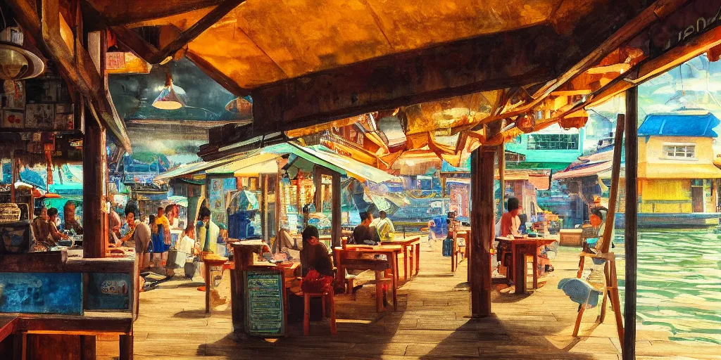 Prompt: interior of a small kopitiam at pulau indah fishing village, near a jetty, early morning, detailed ultrarealisitic painting, low angle view, telephoto lens, bokeh, studio ghibli, artstation