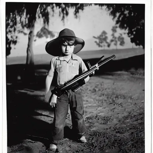 Prompt: a portrait of a young boy carrying a AK-47 rifle by Ansel Adams