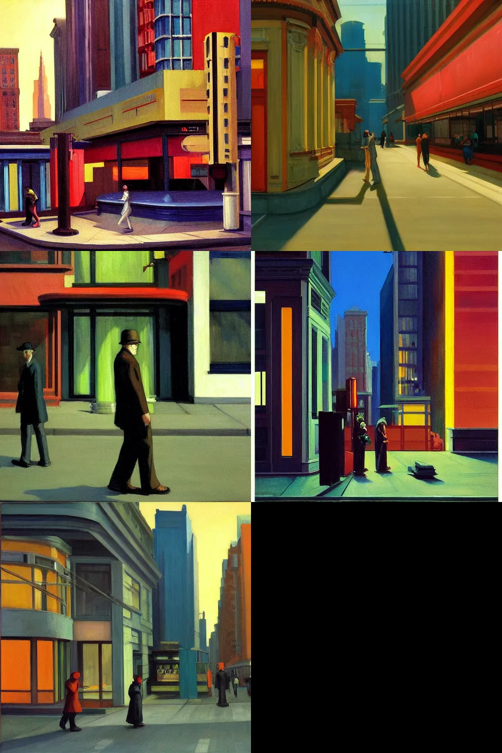 Prompt: A cyberpunk street scene painted by Edward Hopper