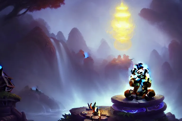 Image similar to [ important ] amazing portrait of a pandaren meditating [ / important ], hearthstone splash art, deiv calviz, splash art, natural light, elegant, intricate, fantasy, atmospheric lighting, by greg rutkowski, hearthstone splash art, hd wallpaper, ultra high details, cinematic composition