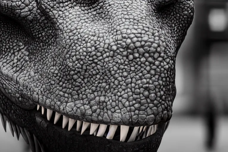 Image similar to close up portrait of a tyrannosaurus walking in a smoky street of new york, photograph, natural light, sharp, detailed face, magazine, press, photo, steve mccurry, david lazar, canon, nikon, focus