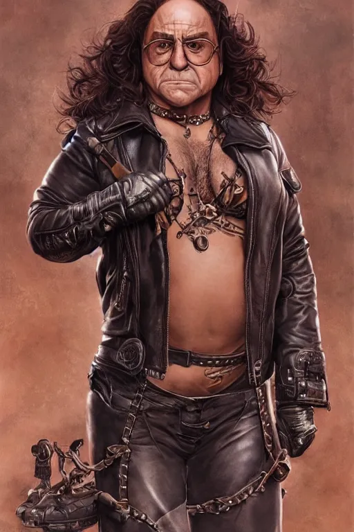 Image similar to muscled Danny Devito as a ruggedly handsome heroine , dressed in biker leather, intricate, elegant, highly detailed, centered, digital painting, artstation, concept art, smooth, sharp focus, illustration, art by artgerm and donato giancola and Joseph Christian Leyendecker, Ross Tran, WLOP