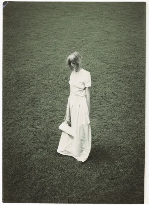 Image similar to woman at lawn, polaroid photography in style of andrey tarkovski, 35mm, film photo