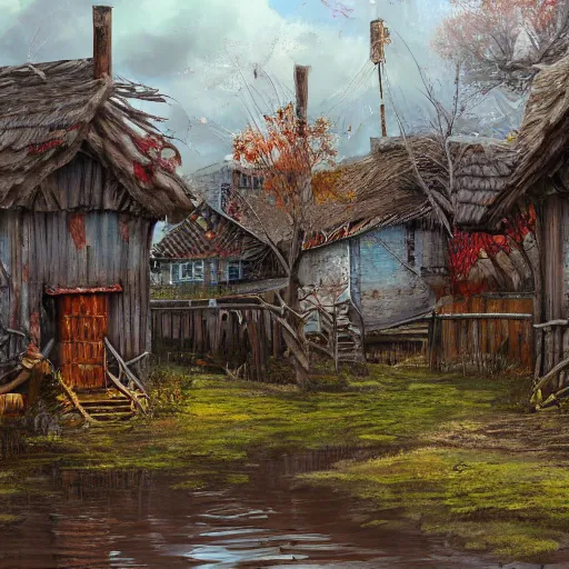 Prompt: A painterly Swampvillage with a wooden wall made of zombie limbs, , high detailed, semirealistic, oil painting, trending on Artstation. w 1024