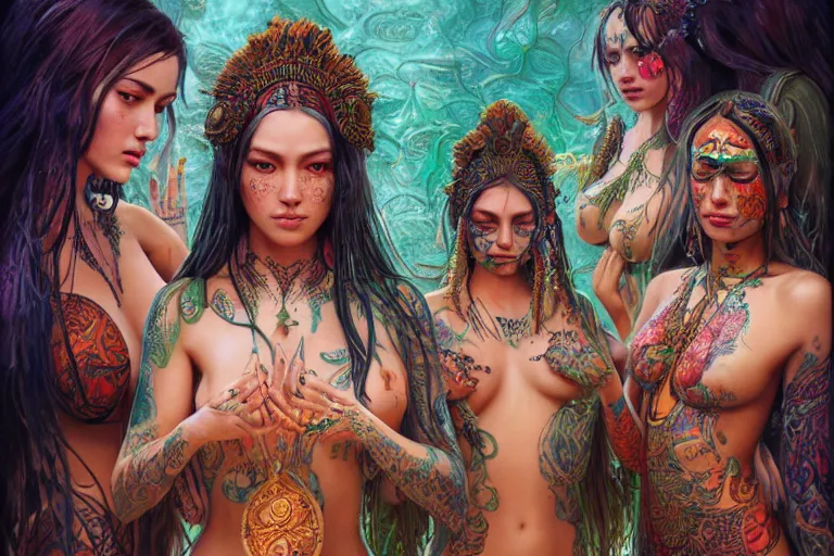 Image similar to a centered render of a harem alluring festival hippies with tribal tattoos surrounded by a underwater ink pour and flowing liquid galium and sacred geometry, perfect body face and hands, powerful, cinematic, beautifully lit, by artgerm, by karol bak, by donato giancola, 3 d, trending on artstation, octane render, 8 k