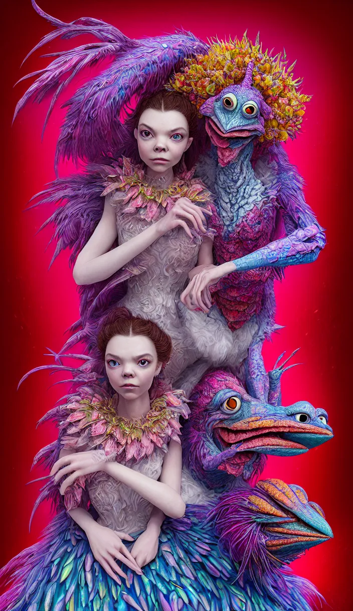 Image similar to hyper detailed 3d render like a Oil painting - kawaii portrait of two Aurora (a beautiful skeksis muppet fae queen from dark crystal that looks like Anya Taylor-Joy) seen red carpet photoshoot in UVIVF posing in scaly dress to Eat of the Strangling network of yellowcake aerochrome and milky Fruit and His delicate Hands hold of gossamer polyp blossoms bring iridescent fungal flowers whose spores black the foolish stars by Jacek Yerka, Ilya Kuvshinov, Mariusz Lewandowski, Houdini algorithmic generative render, Abstract brush strokes, Masterpiece, Edward Hopper and James Gilleard, Zdzislaw Beksinski, Mark Ryden, Wolfgang Lettl, hints of Yayoi Kasuma and Dr. Seuss, octane render, 8k