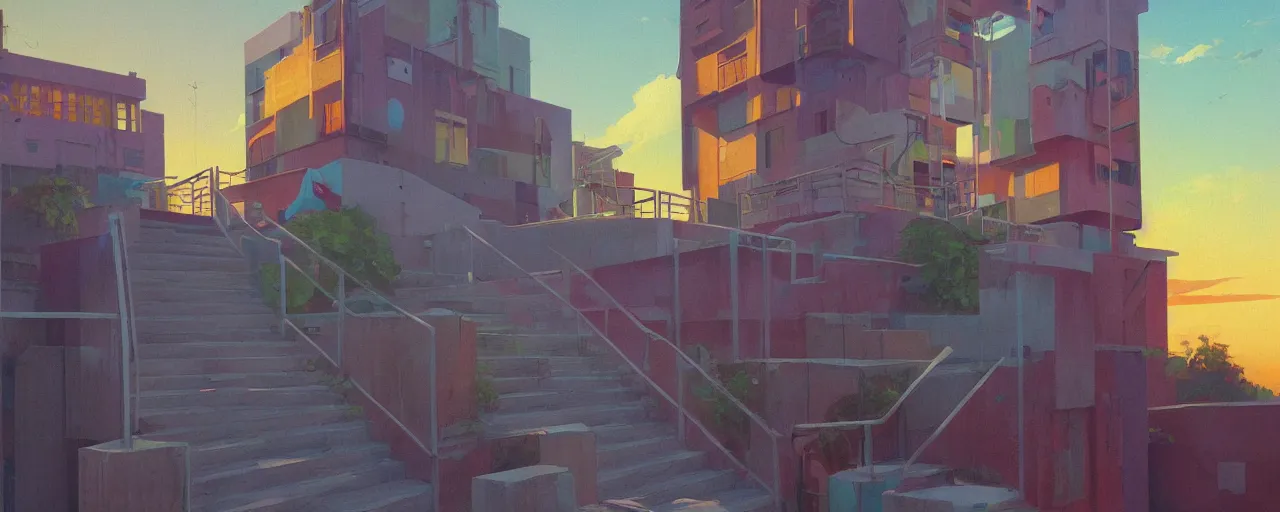 Prompt: An oilpainting of neo brutralism, concrete housing, a long stairway up, concept art, colorful, vivid colors, sunrise, warm colors, light, strong shadows, reflections, cinematic, 3D, in the style of Akihiko Yoshida and Edward Hopper