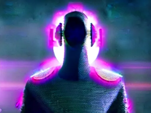 Image similar to a gray faceless figure, ascended, robot wizard, NPC with a saint\'s halo, saintly halo behind their head made of neon filigree, consulting the cyber oracle of all knowledge, at the end of time, in an esoteric ritual exchange of physical code, 8k, 4k, unreal 5, DAZ, trending on artstation, octane render, abstract painting, bright blue future