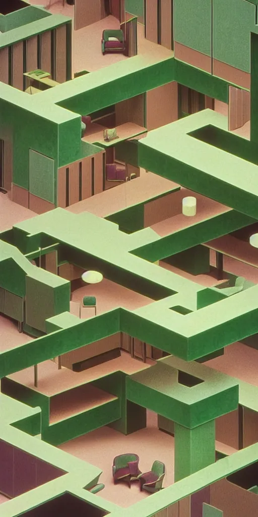 Image similar to huge sprawling gargantuan angular dimension of infinite indoor landscape 7 0 s green velvet and wood with metal office furniture. surrealism, mallsoft, vaporwave. muted colours, 7 0 s office furniture catalogue, shot from above, endless, neverending epic scale by escher and ricardo bofill