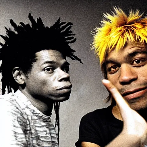 Prompt: of a photo of jean - michel basquiat and kurt cobain in basquiat ’ s studio, photorealistic,