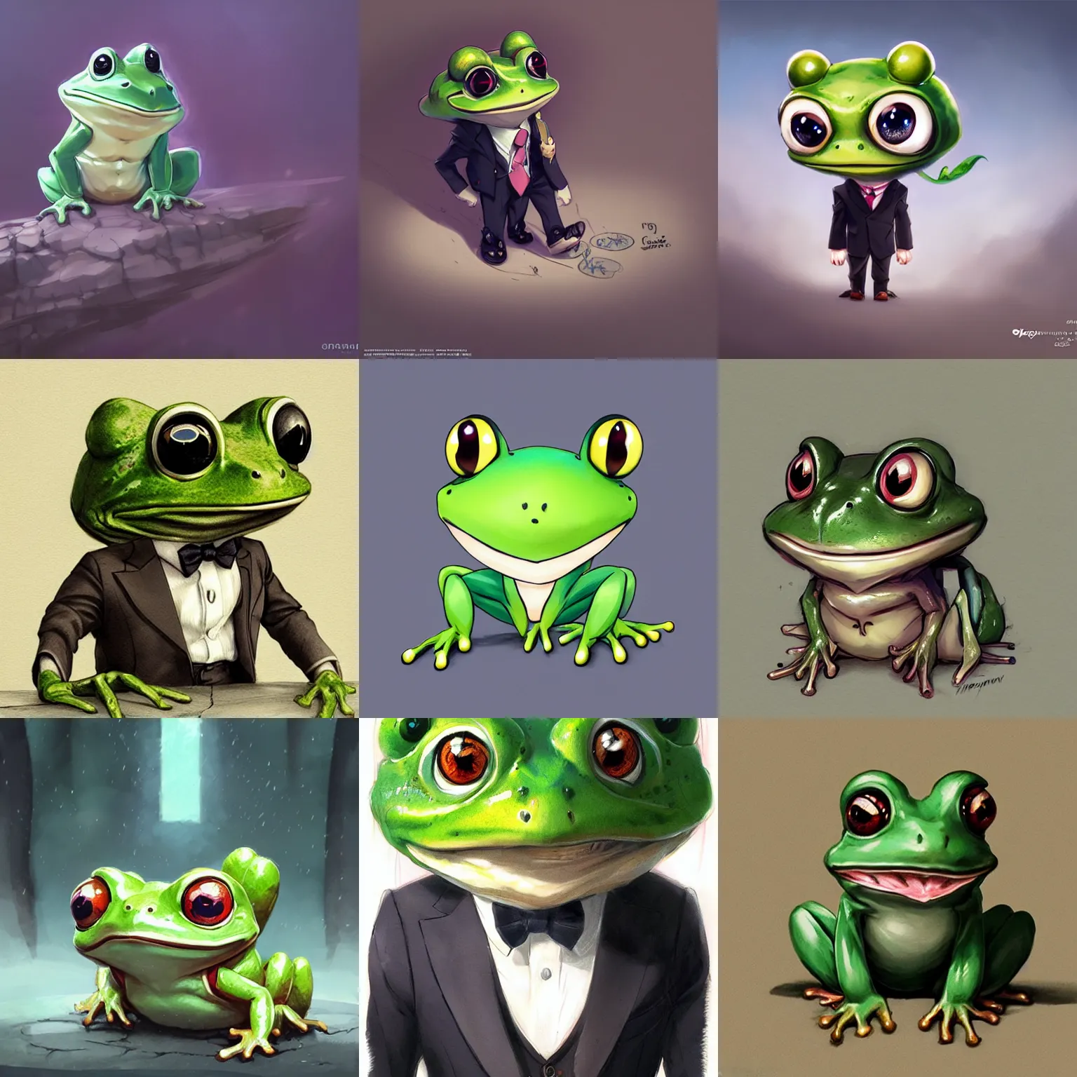 Prompt: cute anime antropomorphic chibi frog in suit illustration by greg rutkowski highly realistically detailed, trending on pixiv, unreal engine 4 k, stanley artgerm lau, wlop, rossdraws, james jean, andrei riabovitchev, marc simonetti, and sakimichan