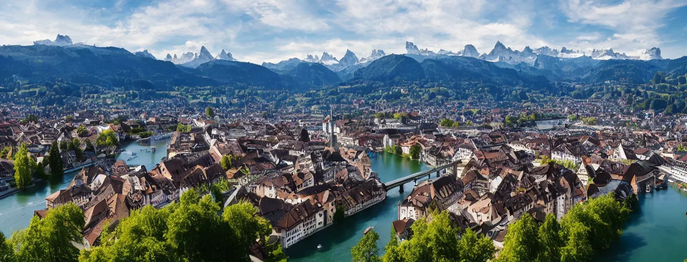 Image similar to Photo of Zurich, looking down the Limmat at the lake and the alps, Hardturm, Grossmünster, Lindenhof, Üetliberg, wide angle, volumetric light, hyperdetailed, light blue water, artstation, cgsociety, 8k