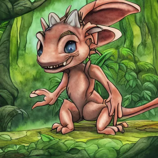 Image similar to watercolor of a chibi kobold in a forest. in the style of don bluth, disney, and hans zatzka. color harmony, 8 k detail, gallery quality, hd wallpaper, premium prints available.