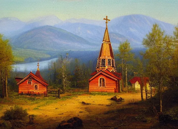 Prompt: the small wooden villages of siberia with an orthodox church, russia in the style of hudson river school of art, oil on canvas