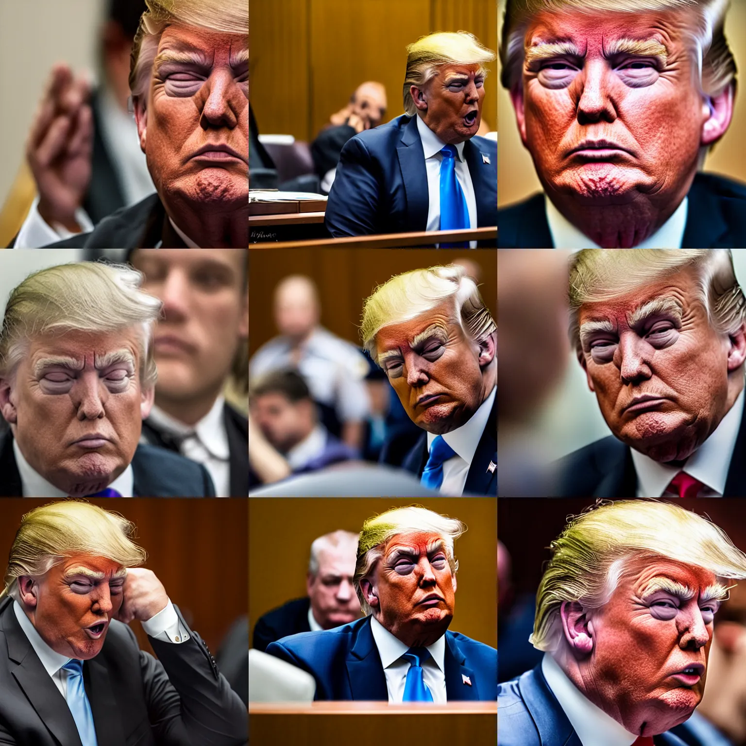 Image similar to Donald Trump crying in a courtroom, EOS-1D, f/1.4, ISO 200, 1/160s, 8K, RAW, unedited, symmetrical balance, in-frame