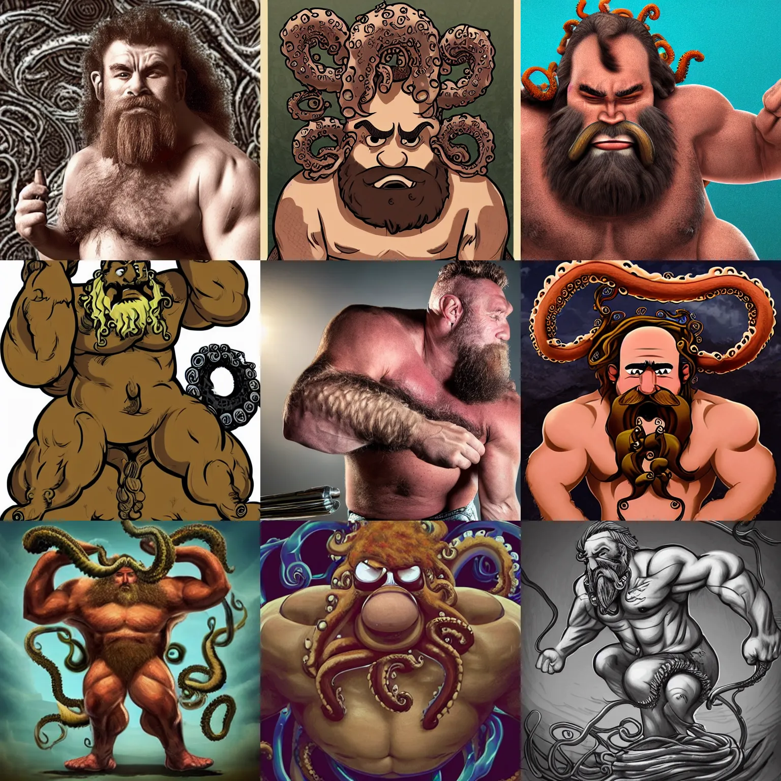 Prompt: big hairy brawny strongmen with tentacles in their ears and spirals in their eyes