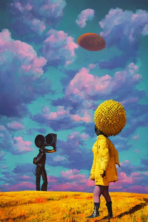 Image similar to giant corn flower head, girl walking on the moon, surreal photography, sunrise, dramatic light, impressionist painting, colorful clouds, digital painting, artstation, simon stalenhag